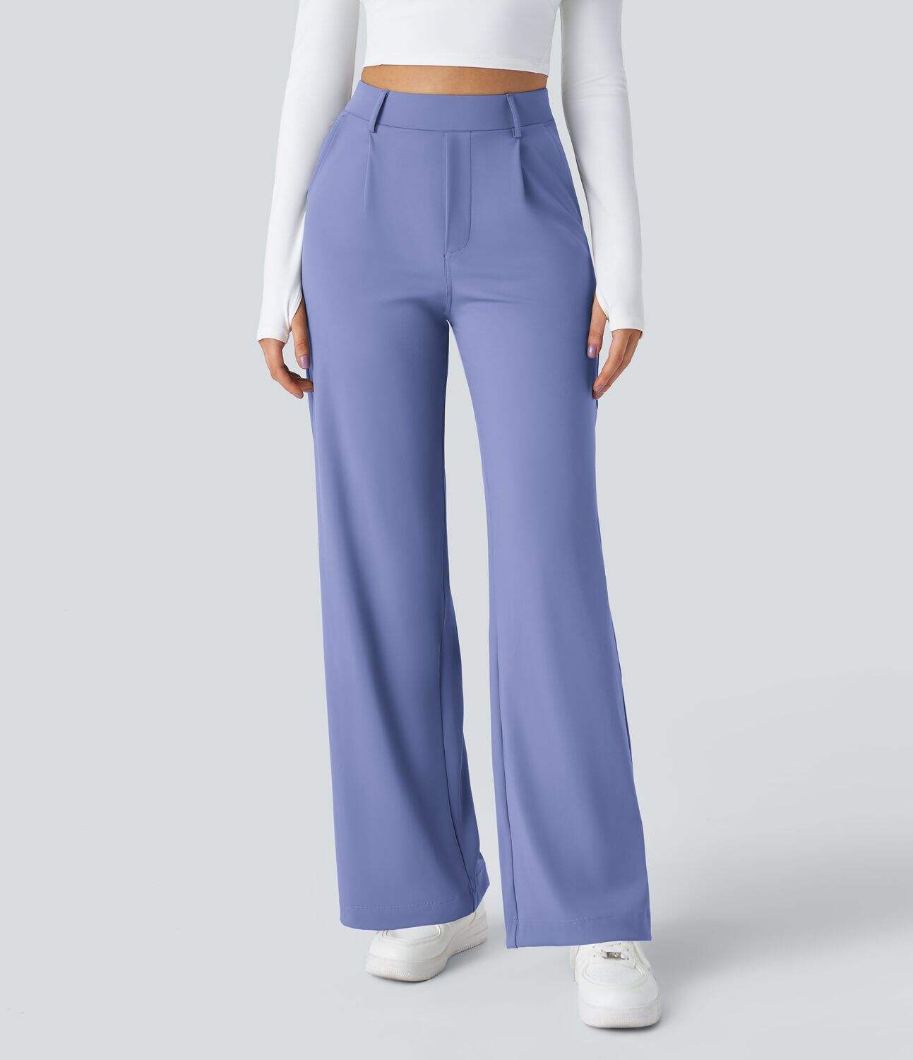 High Waisted Plicated Side Pocket Straight Leg Work Pants