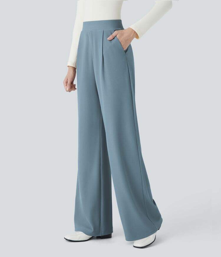 Ha High Waisted Body Sculpt Waist-Slimming Side Pocket Wide Leg Micro Waffle Work Pants