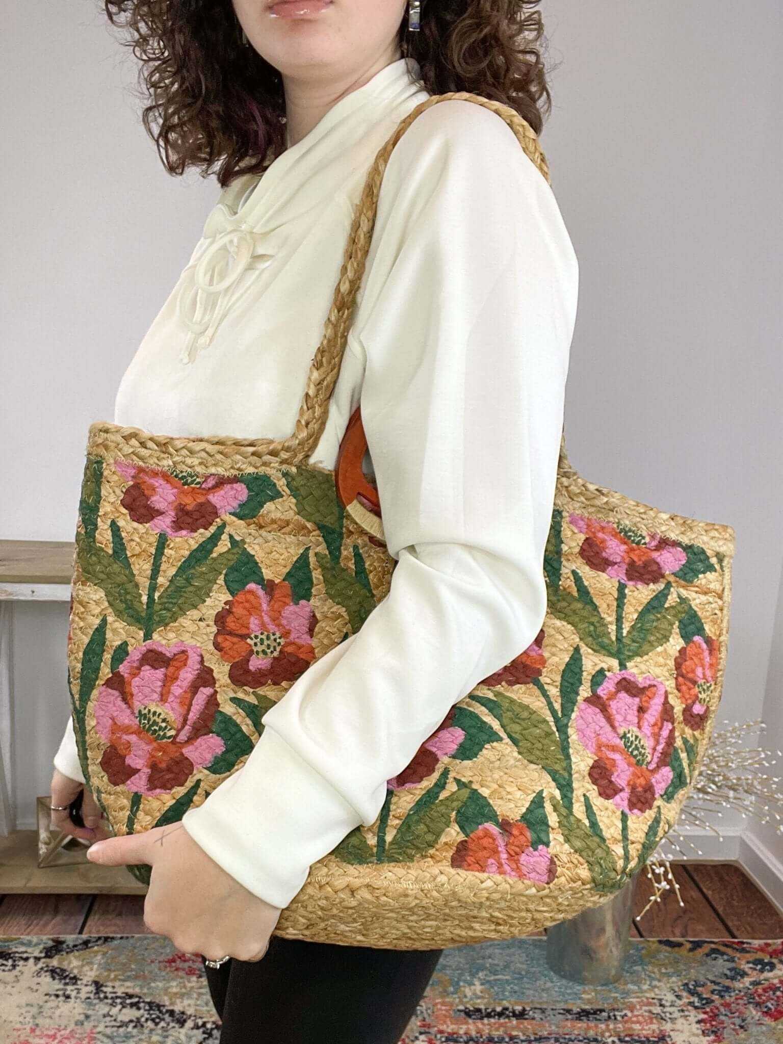 Poppy Painted Nell Wood Handle Jute Tote Bag