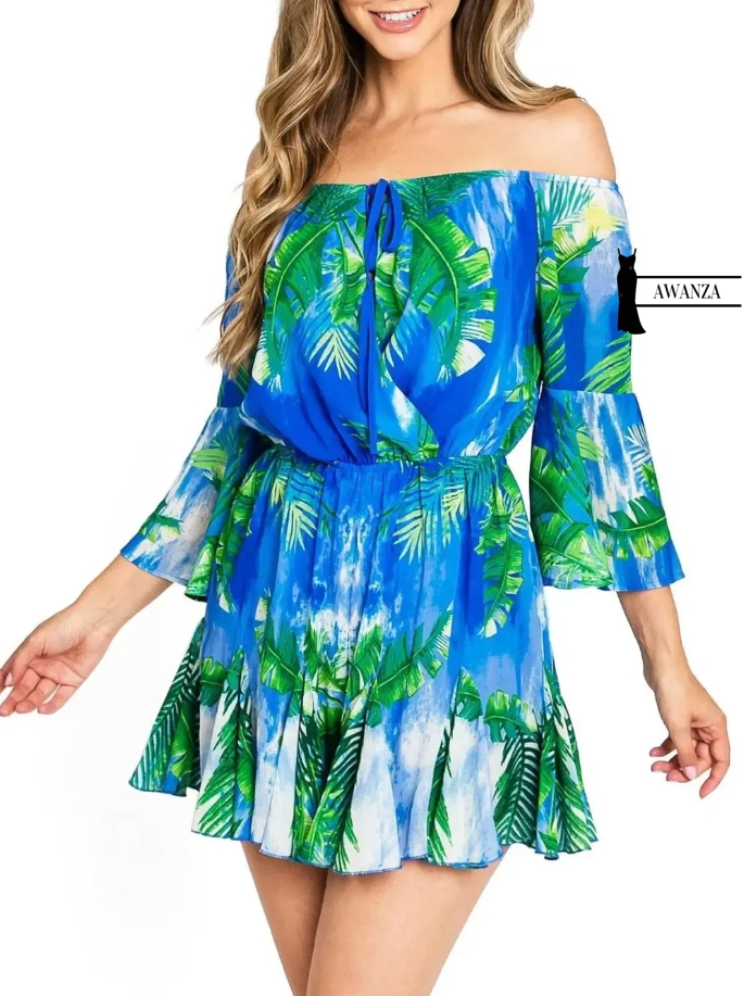 Blue Tropical Print Off - Shoulder Dress