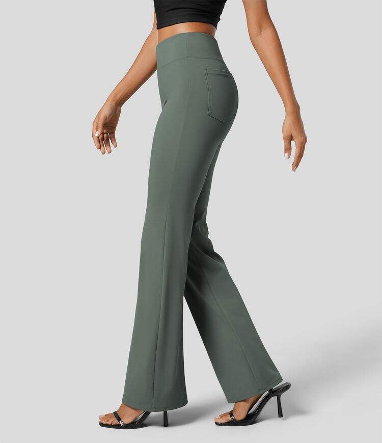 High Waisted Back Side Pocket Slight Flare Work Pants