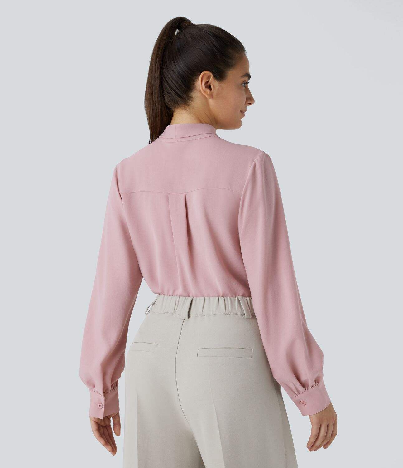 Tie Neck Plicated Long Sleeve Button Work Blouse
