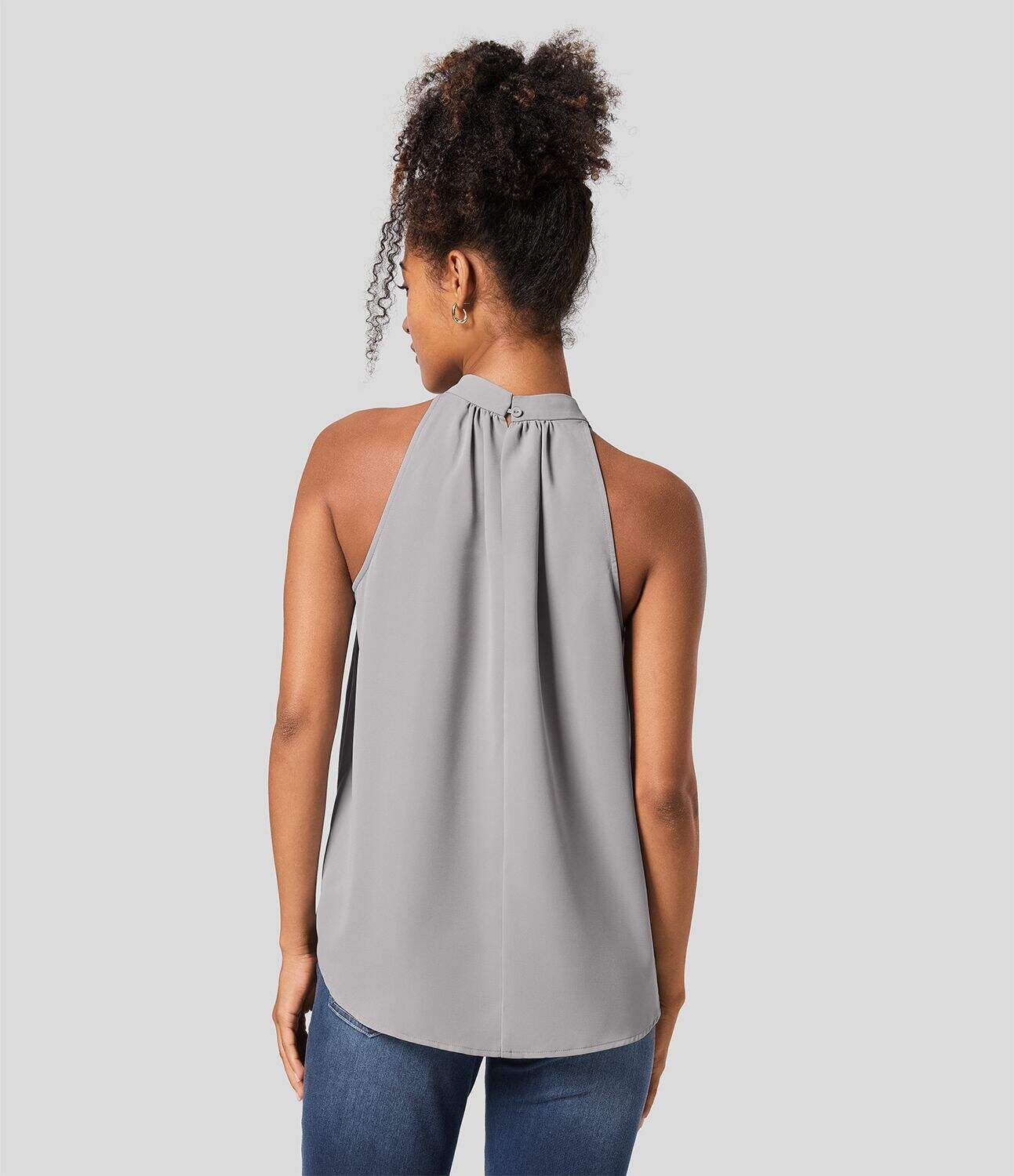 Keyhole Back Halter Plicated Sleeveless Curved Hem Work Blouse