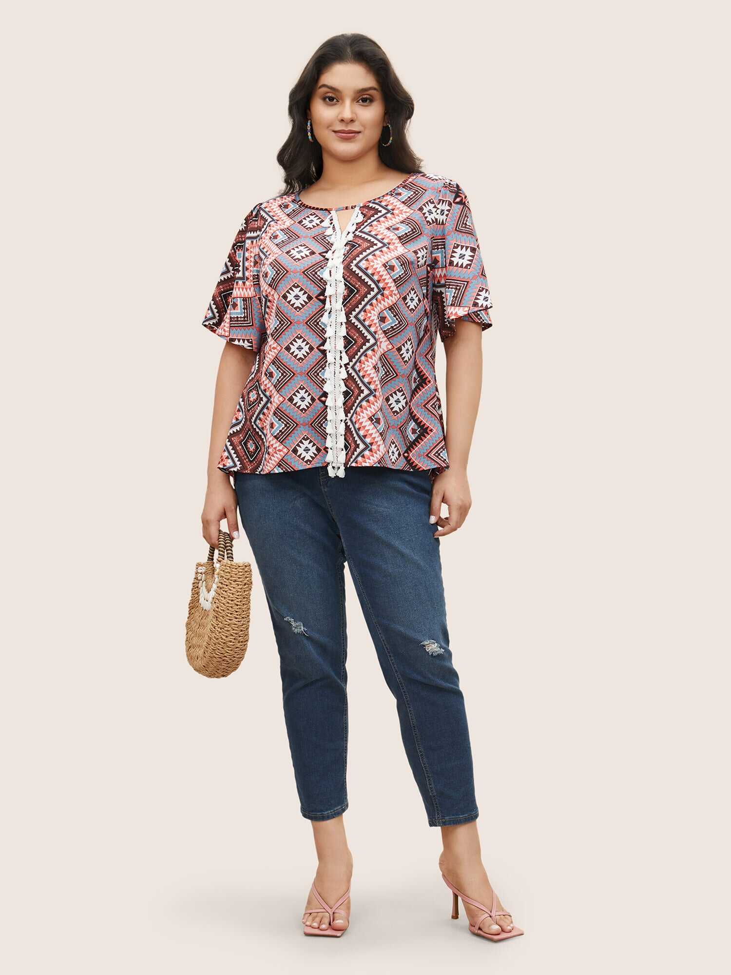 Bandana Keyhole Tassels Lace trim Blouse