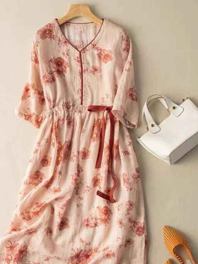 Vintage Printed Drasting Mid Length Dress