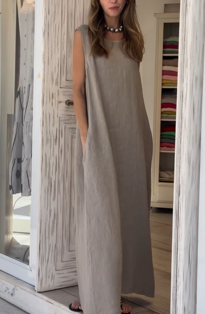 Casual cotton and linen long dress with pockets
