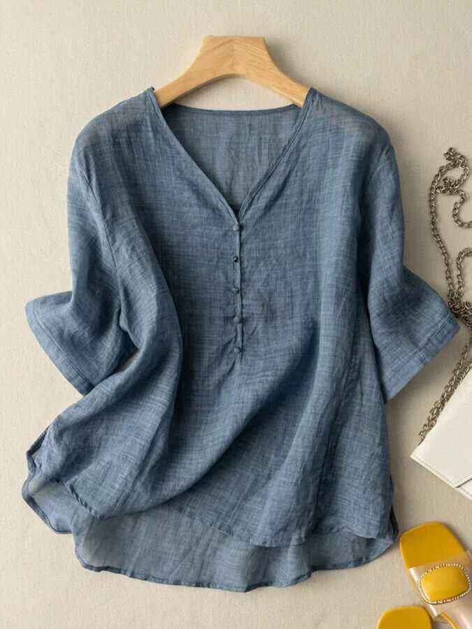 Solid Color Fashionable V-Neck Short Sleeved Shirt