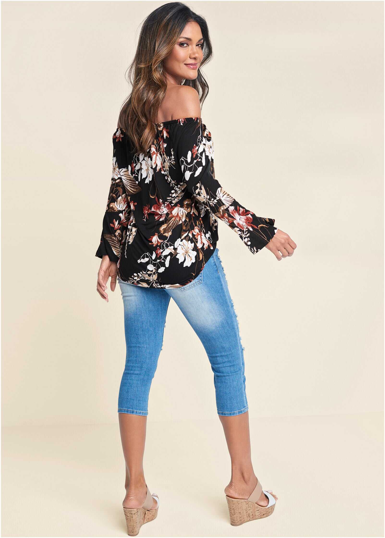 Bell Sleeve Printed Top - Black Multi