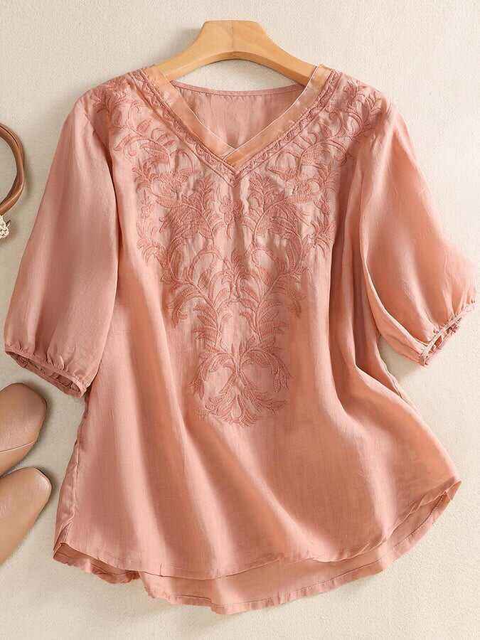 Mesh Embroidery V-Neck Loose Casual Shirt
