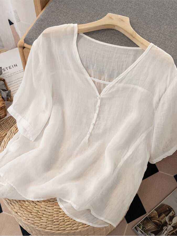 Solid Color Fashionable V-Neck Short Sleeved Shirt