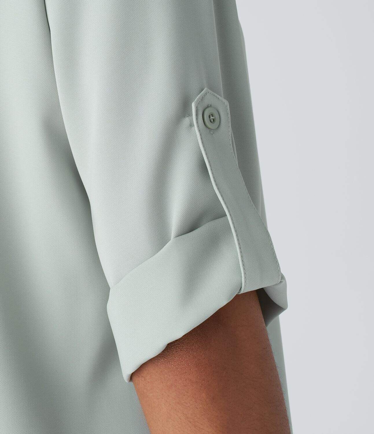 V Neck Button Three Quarter Sleeve Curved Hem Work Shirt