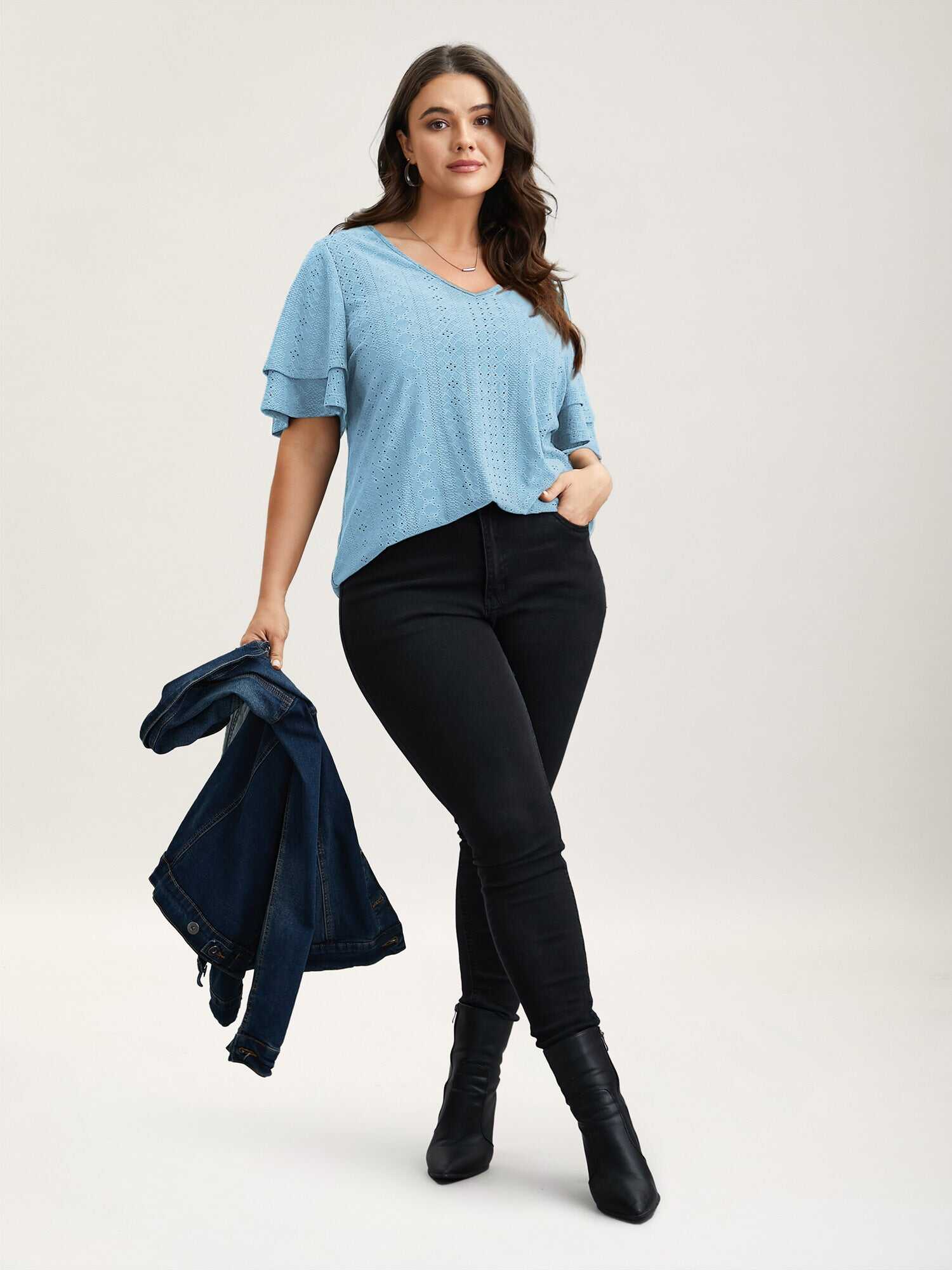Jacquard Textured Lotus Leaf Sleeve Top