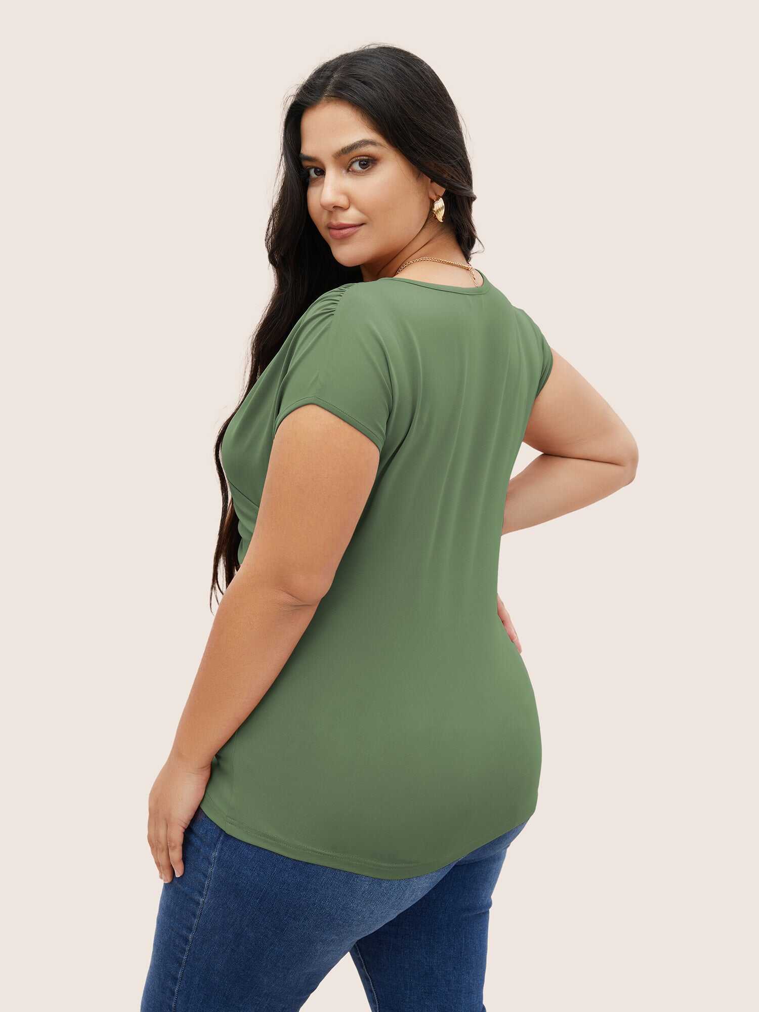 Plain Ruched Overlap Collar Dolman Sleeve Knit Top