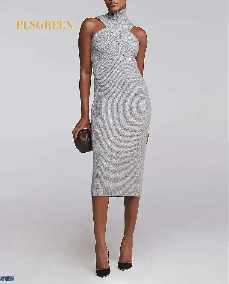 Cross Funnel Neck Sleeveless Midi Sweater Dress