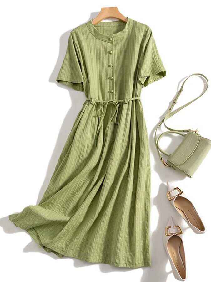 Jacquard Lace Up Waist Button Up Dress