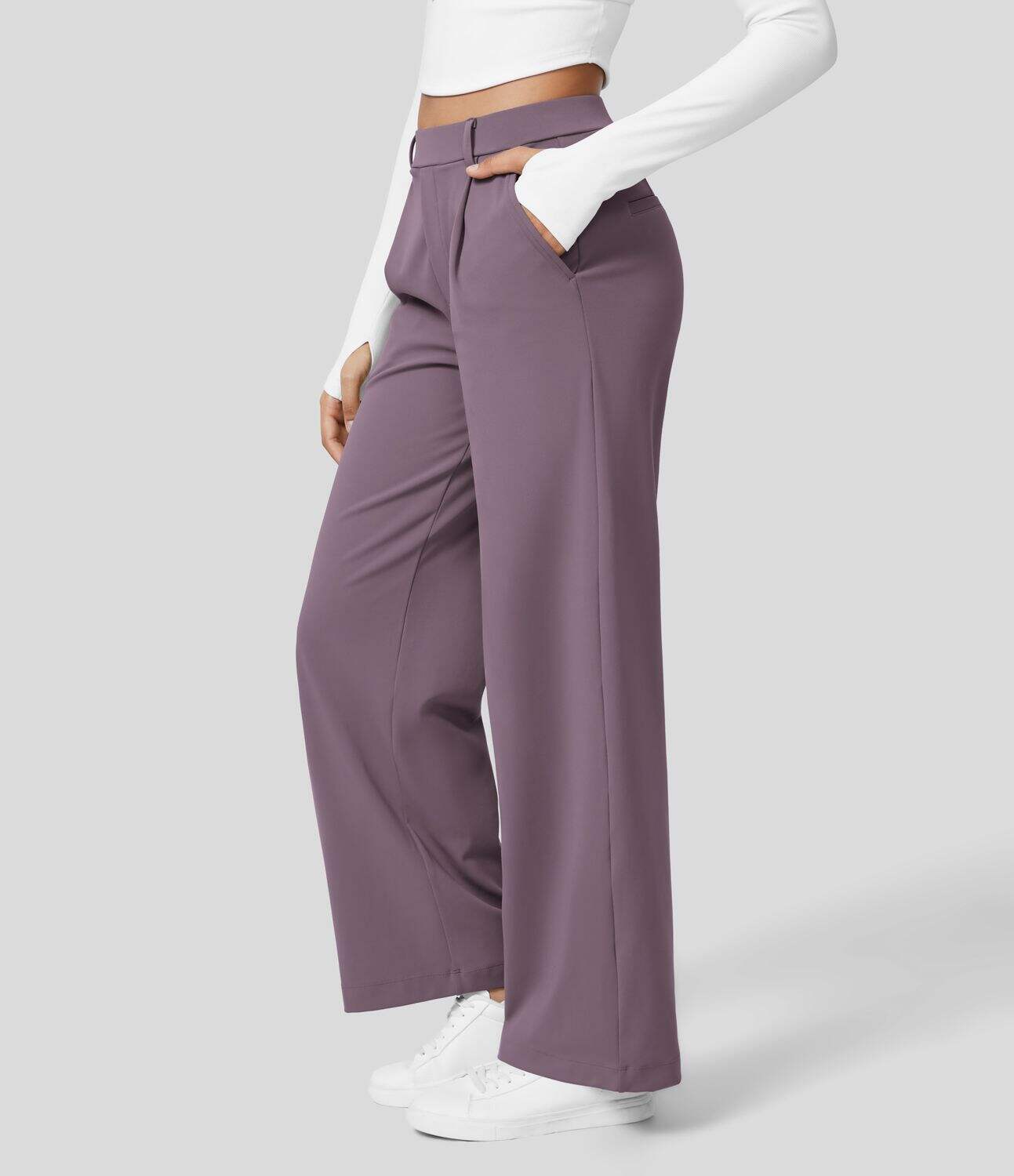 High Waisted Plicated Side Pocket Straight Leg Work Pants