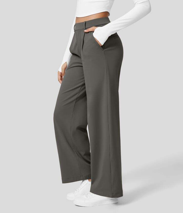 High Waisted Plicated Side Pocket Straight Leg Work Pants