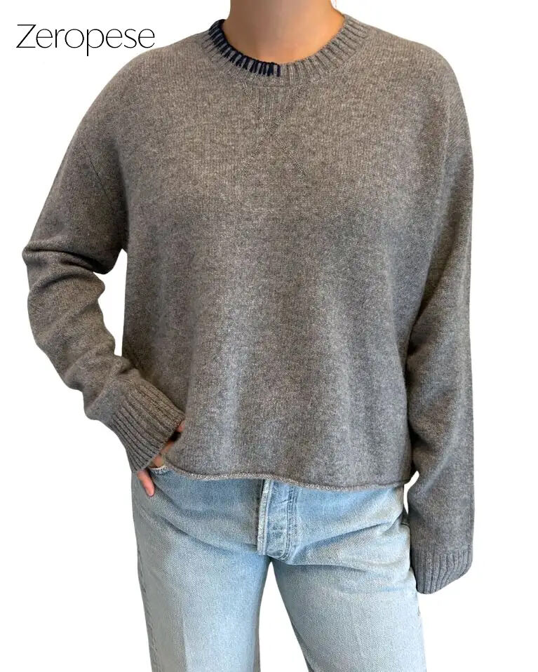 Lafata Whipstitch Crew in Heather Grey/Navy Whipstitch