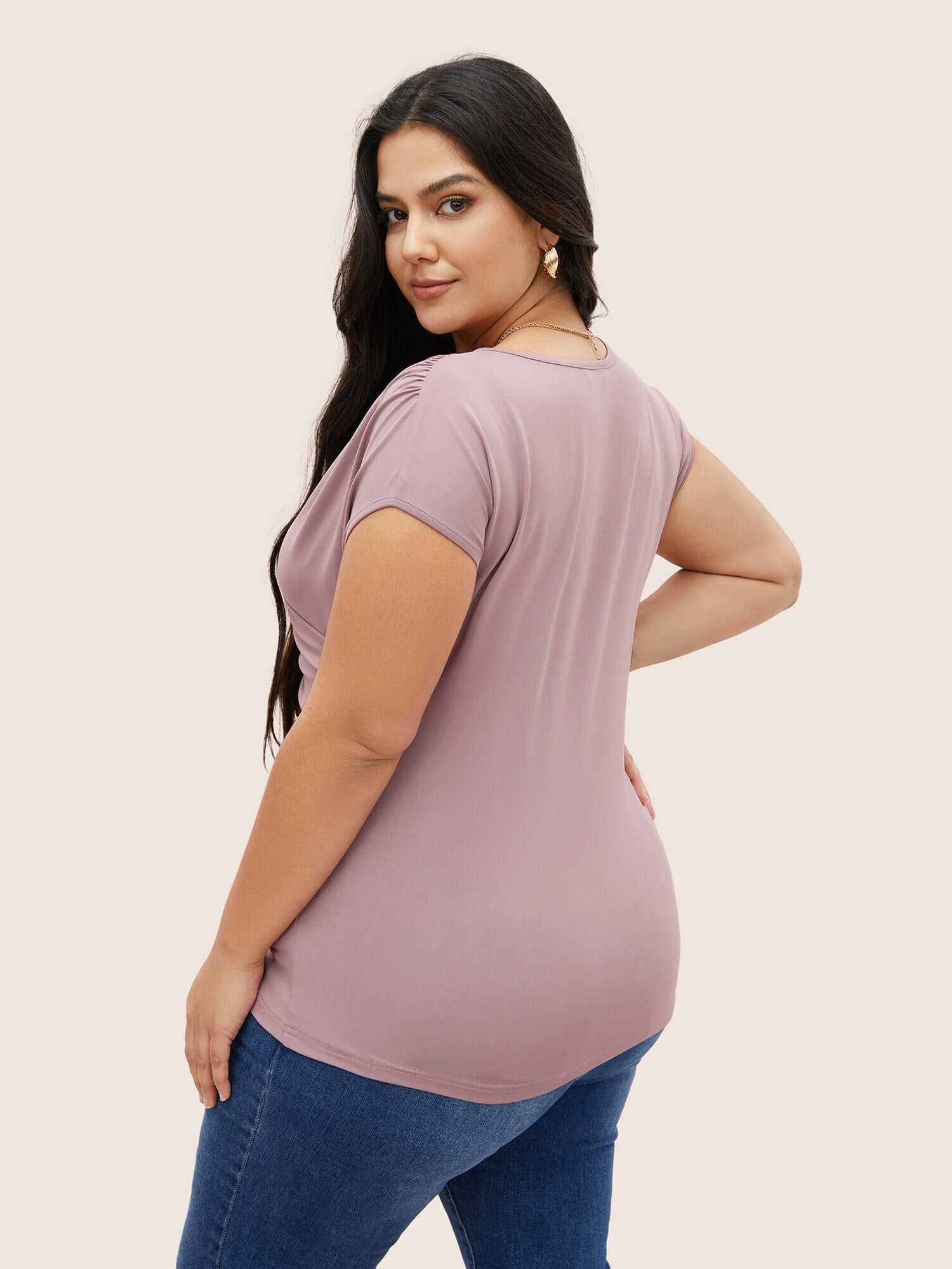 Plain Ruched Overlap Collar Dolman Sleeve Knit Top