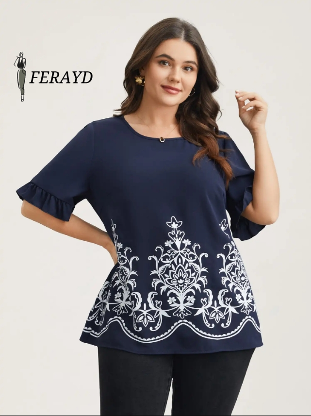 Floral Print Round Neck Ruffled Sleeve Shirt