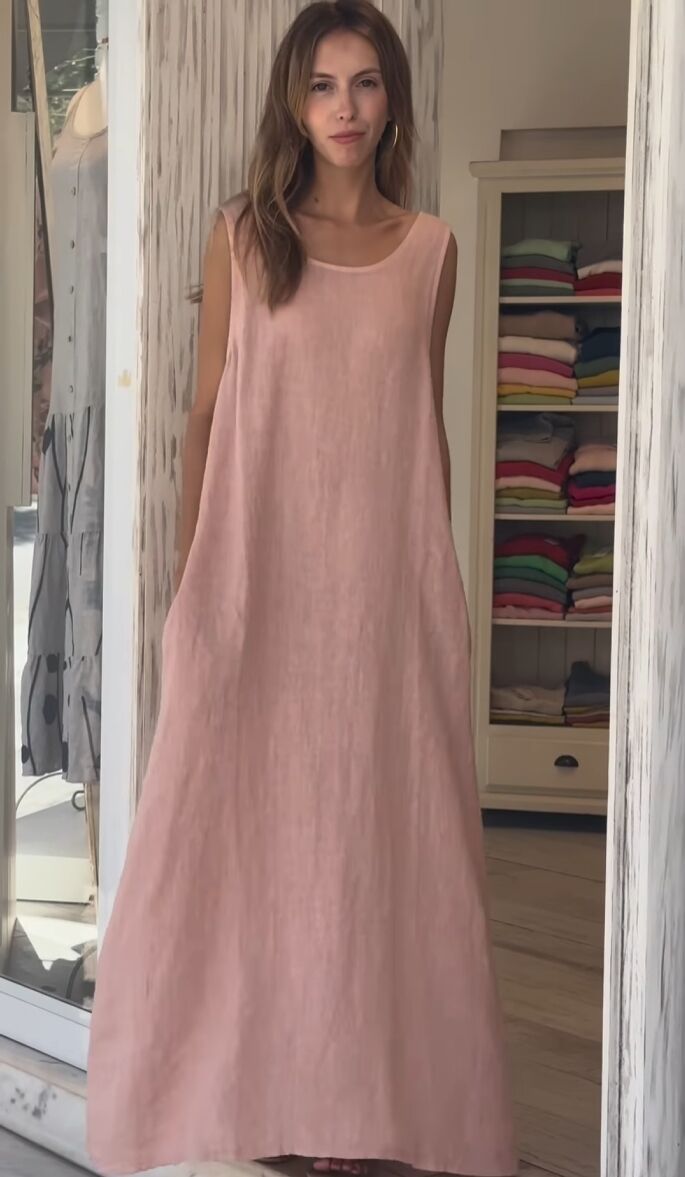 Casual cotton and linen long dress with pockets