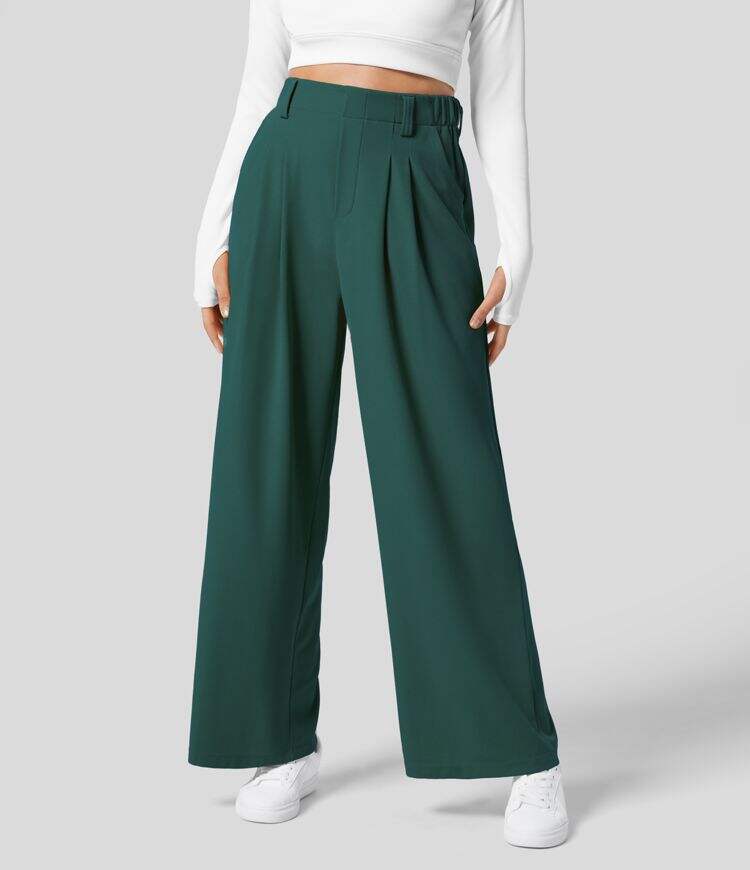 High Waisted Plicated Side Pocket Wide Leg Waffle Work Pants