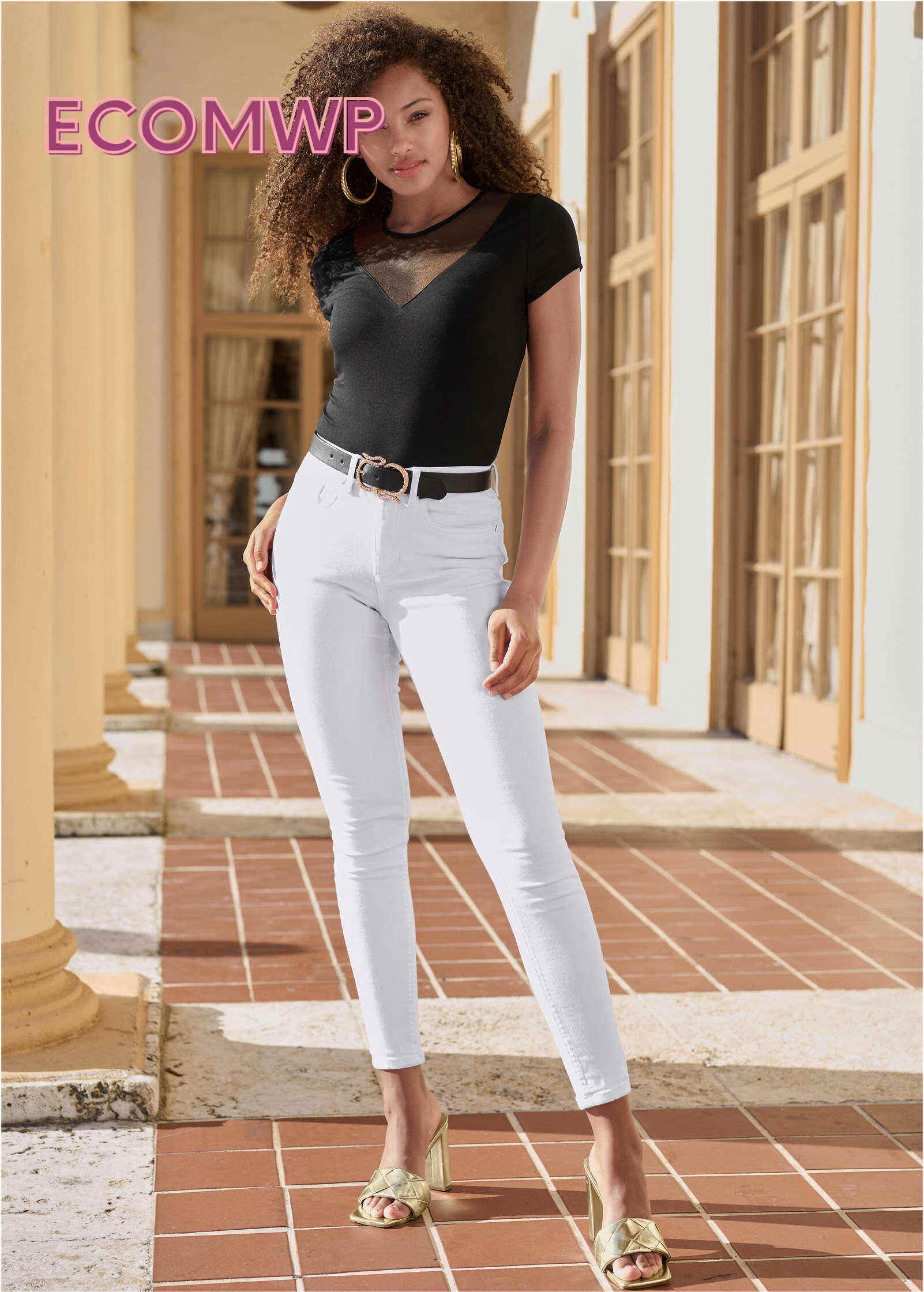Mesh Detail V-Neck Top - Black