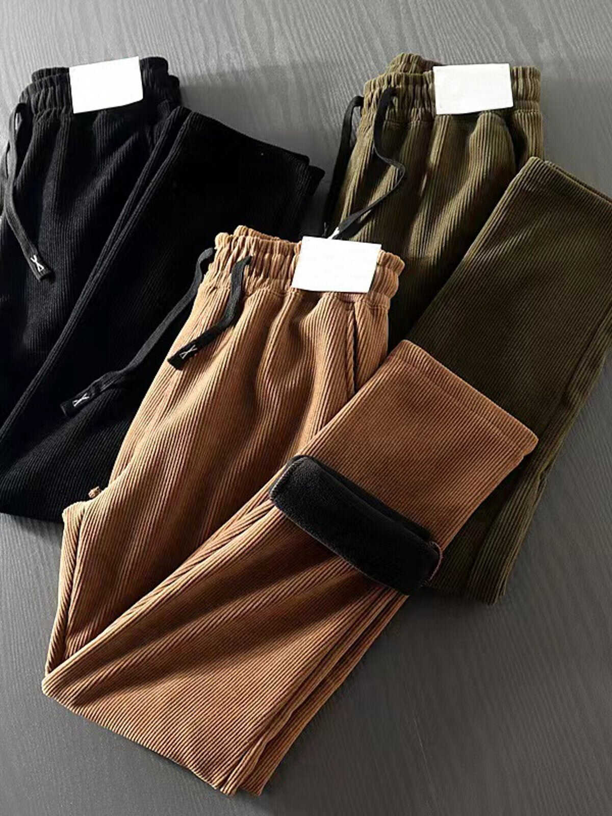 Corduroy Fleece-Lined Elastic Waist Straight Pants