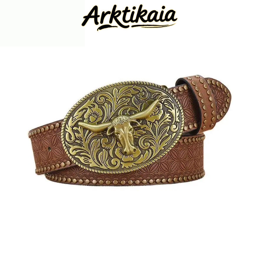 Men's Western Cowboy Style Vintage Rivet Embossed Belt 33277436U