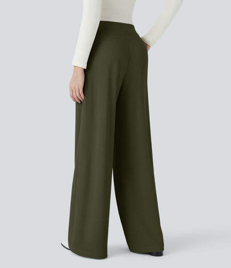 Ha High Waisted Body Sculpt Waist-Slimming Side Pocket Wide Leg Micro Waffle Work Pants