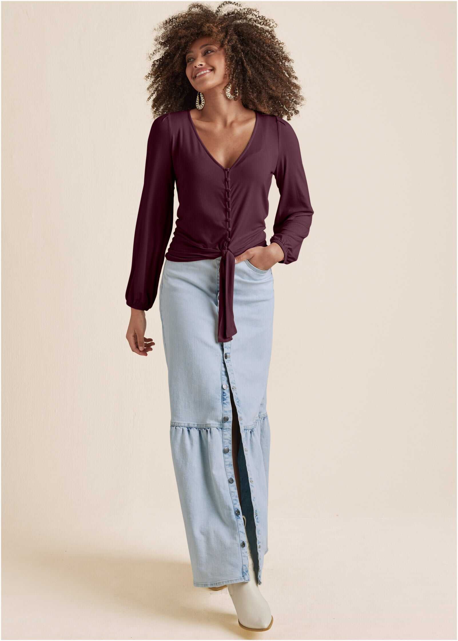 Tie-Front Button-Up Top - Wine