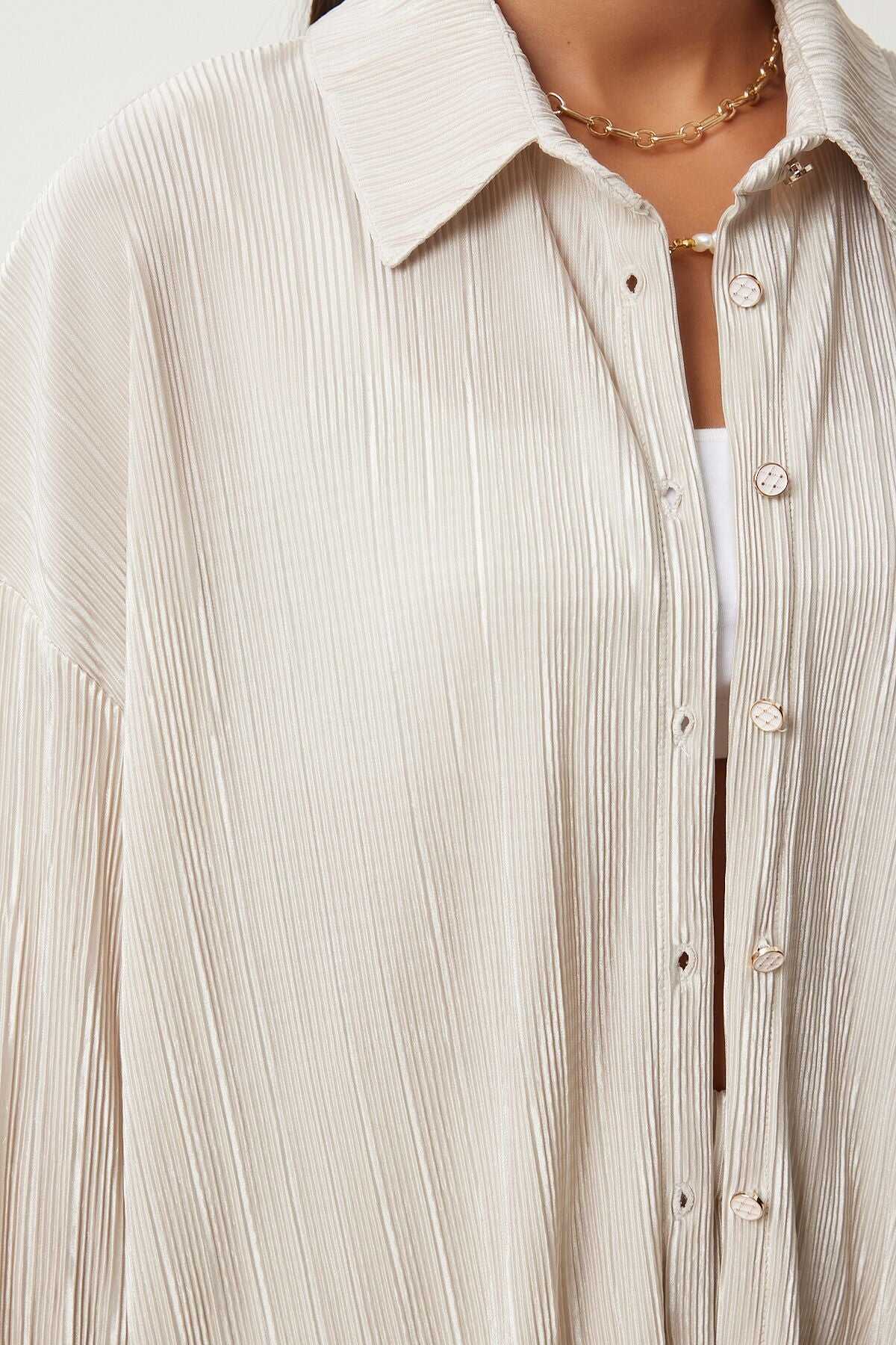 Silkcomo Chic Beige Oversized Button-Up Shirt and Wide-Leg Trousers Set