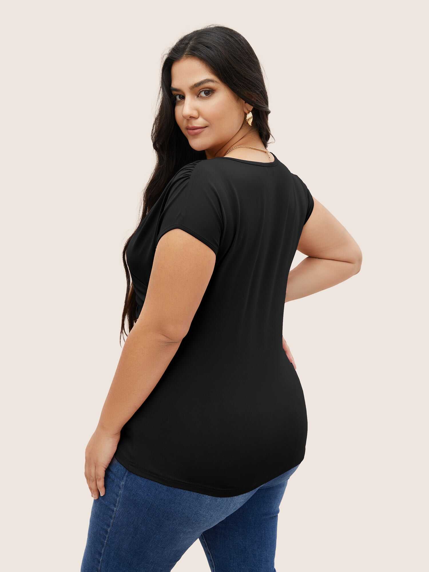 Plain Ruched Overlap Collar Dolman Sleeve Knit Top