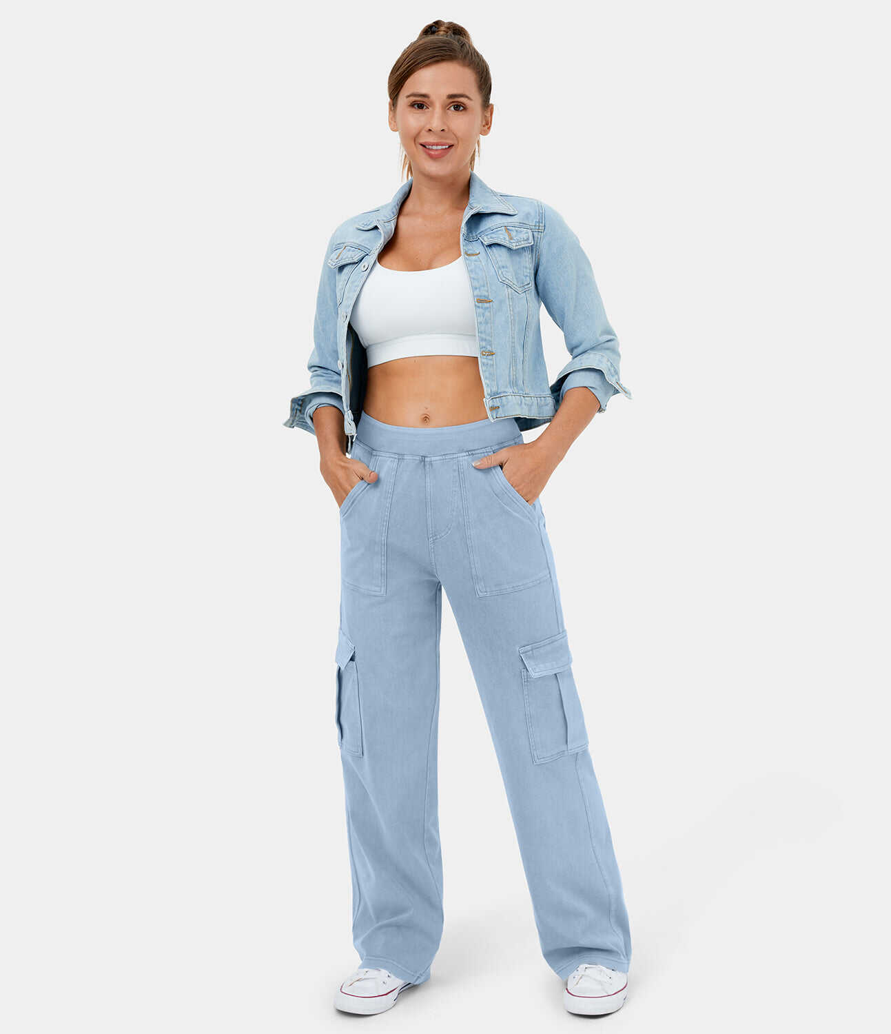 Mid Rise Multiple Pockets Straight Leg Stretchy Knit Casual Cargo Jeans