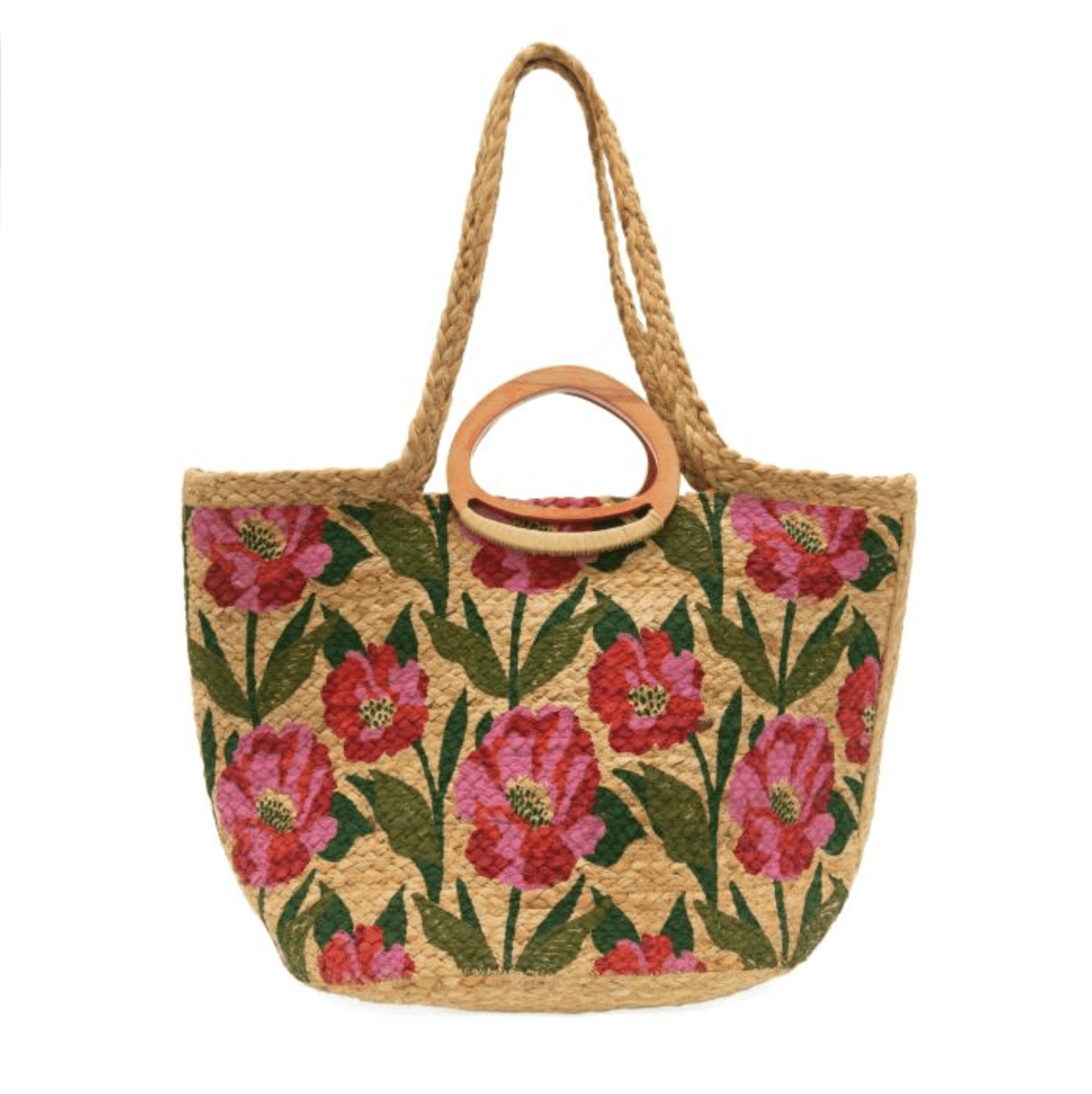 Poppy Painted Nell Wood Handle Jute Tote Bag