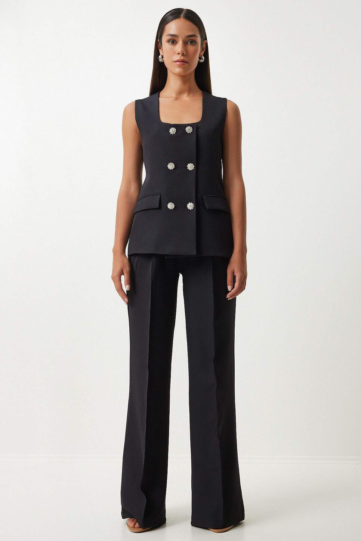 Silkcomo Elegant Black Double-Breasted Sleeveless Suit with Wide-Leg Trousers Set