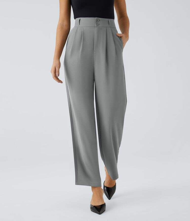 High Waisted Button Zipper Plicated Side Pocket Shirred Straight Leg Work Pants