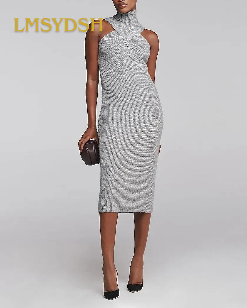 Cross Funnel Neck Sleeveless Midi Sweater Dress