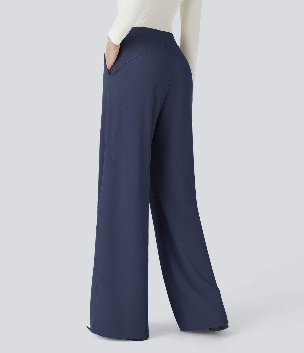 Ha High Waisted Body Sculpt Waist-Slimming Side Pocket Wide Leg Micro Waffle Work Pants