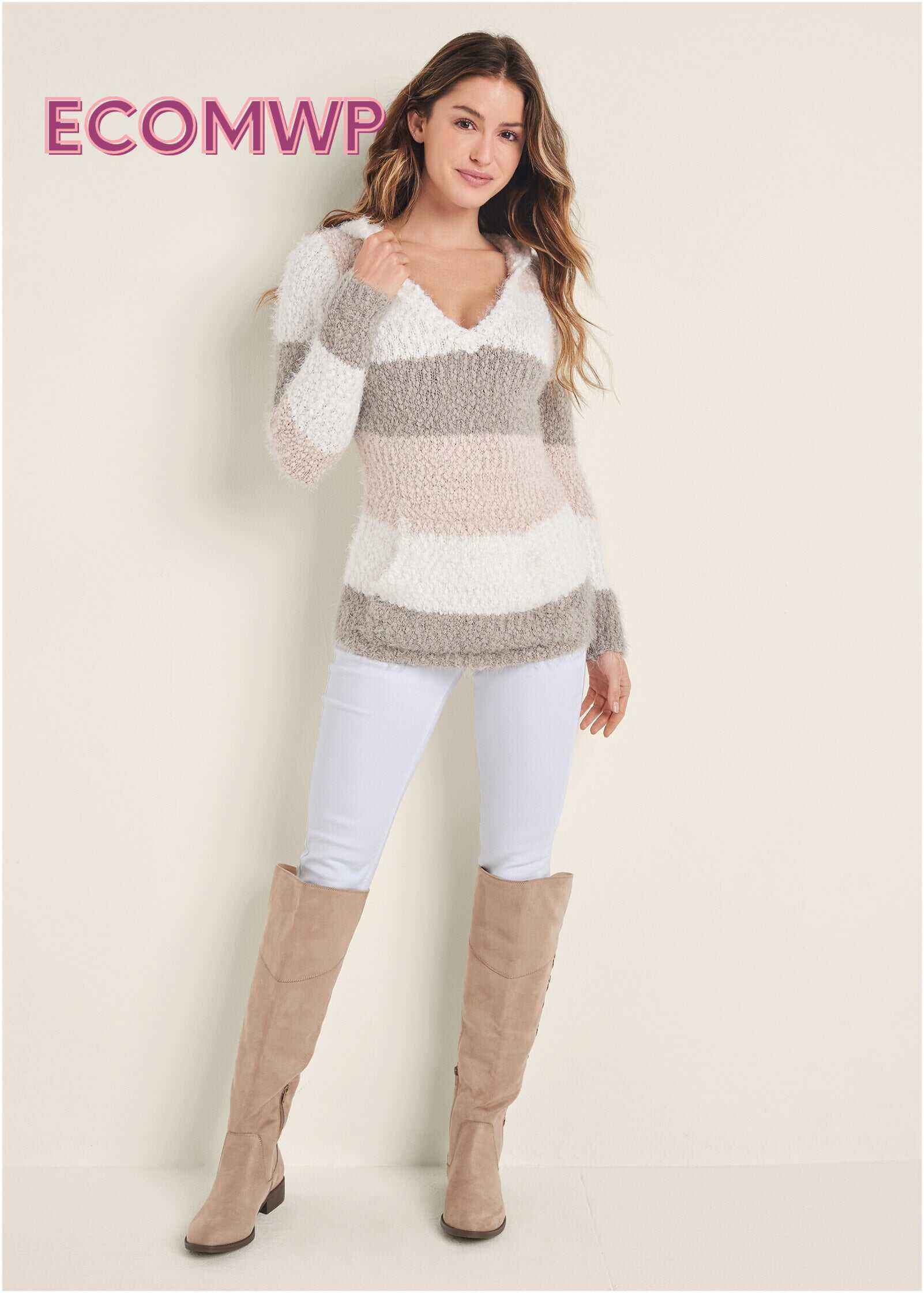 Cozy Striped Hooded Sweater - Blush Multi