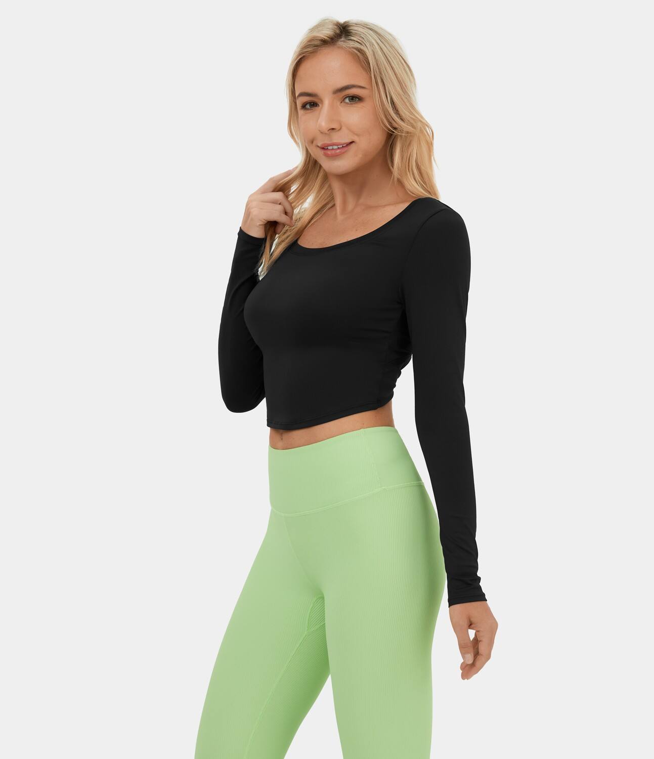 Long Sleeve Backless Cut Out Tie Back Cropped Barre Ballet Dance Sports Top