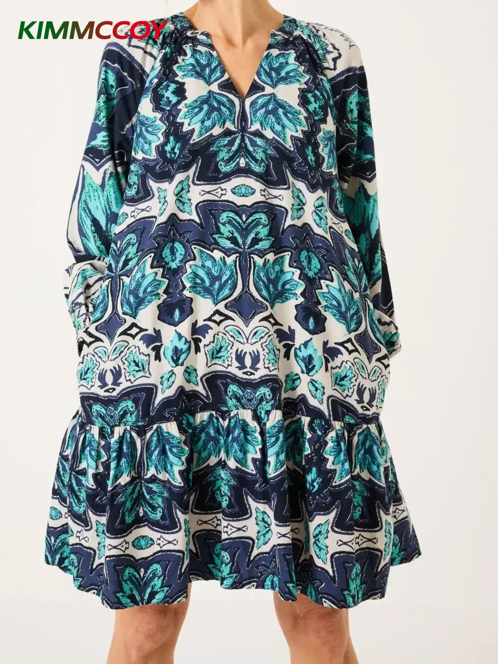 Green Floral Mirrored Long Sleeve Mini Dress