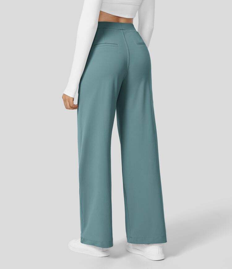 High Waisted Plicated Side Pocket Straight Leg Work Pants