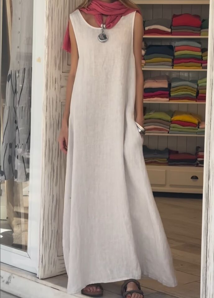Casual cotton and linen long dress with pockets