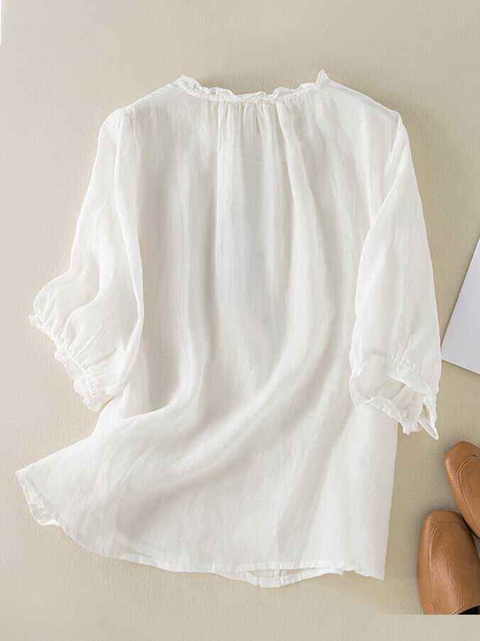 Vintage Art Ruffle Round Neck Casual Shirt