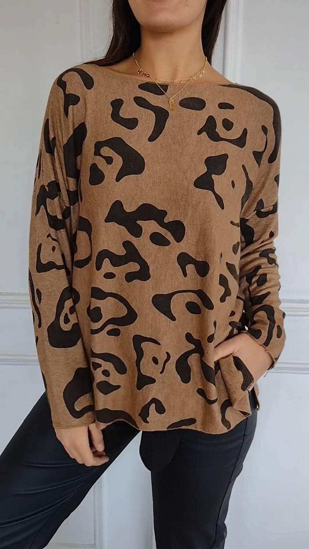 Women's Round Neck Leopard Print Long Sleeve Top