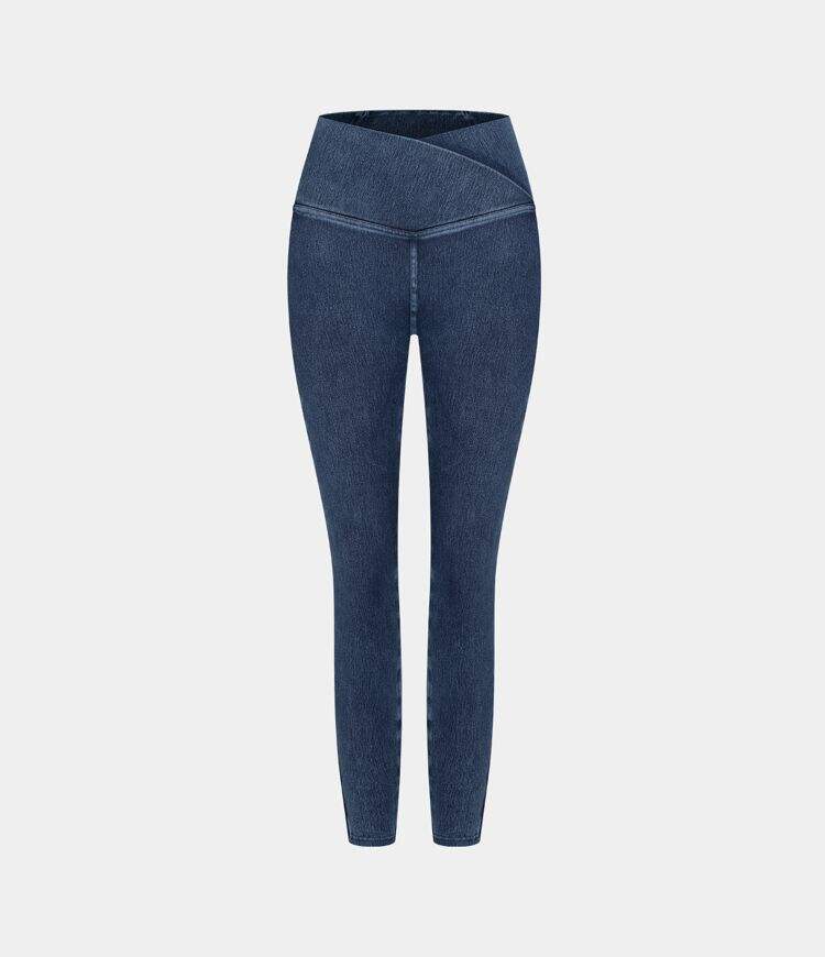 Crossover Side Pocket Washed Stretchy Knit Denim Work Leggings