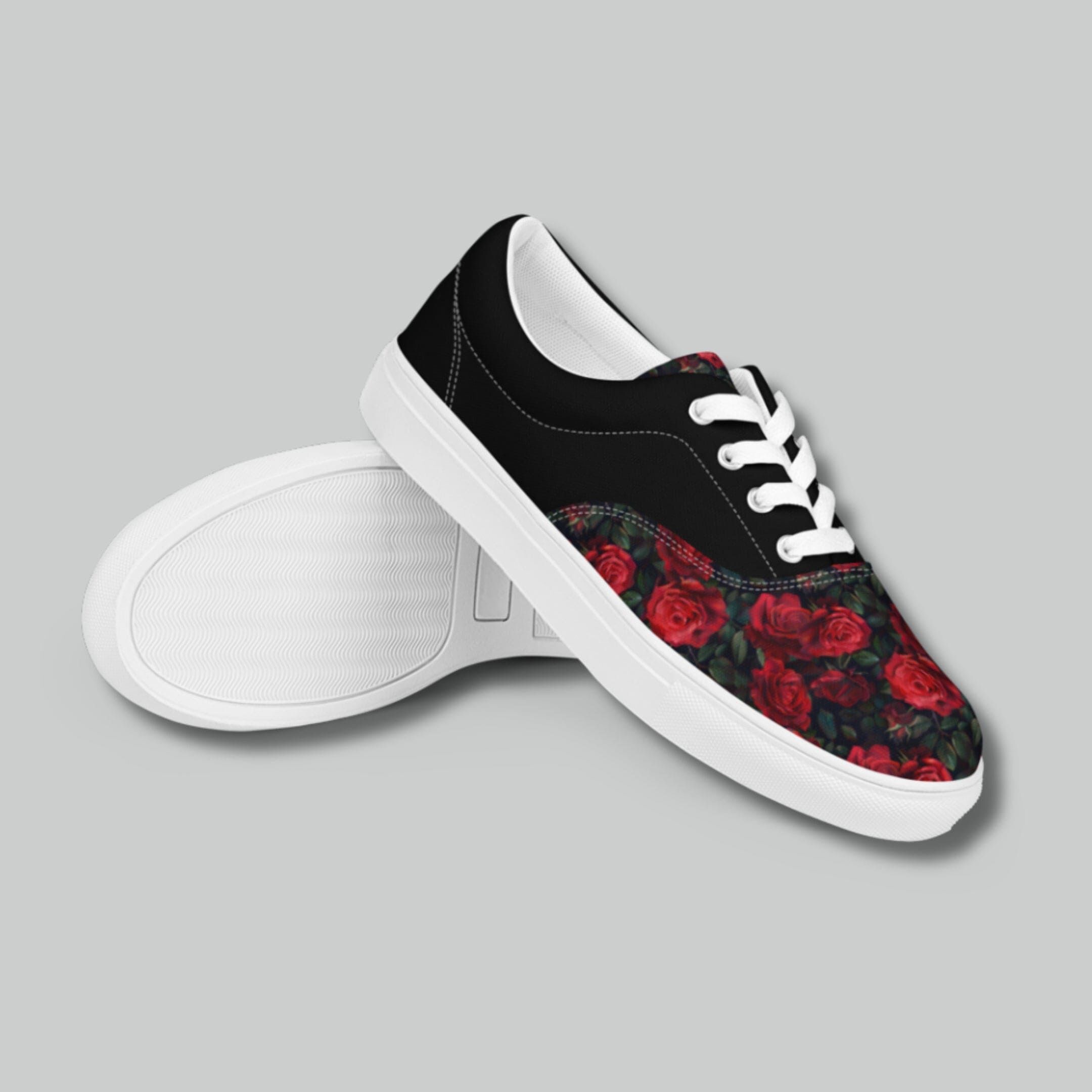 Black and Red Rose Lace-Up Canvas Shoes