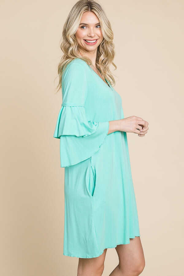 V-Neck Midi Dress with Tiered Ruffle Sleeves