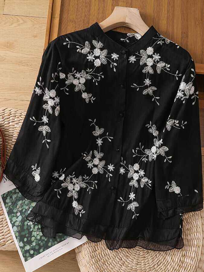 Art Retro Embroidery 3/4 Sleeve Patchwork Shirt